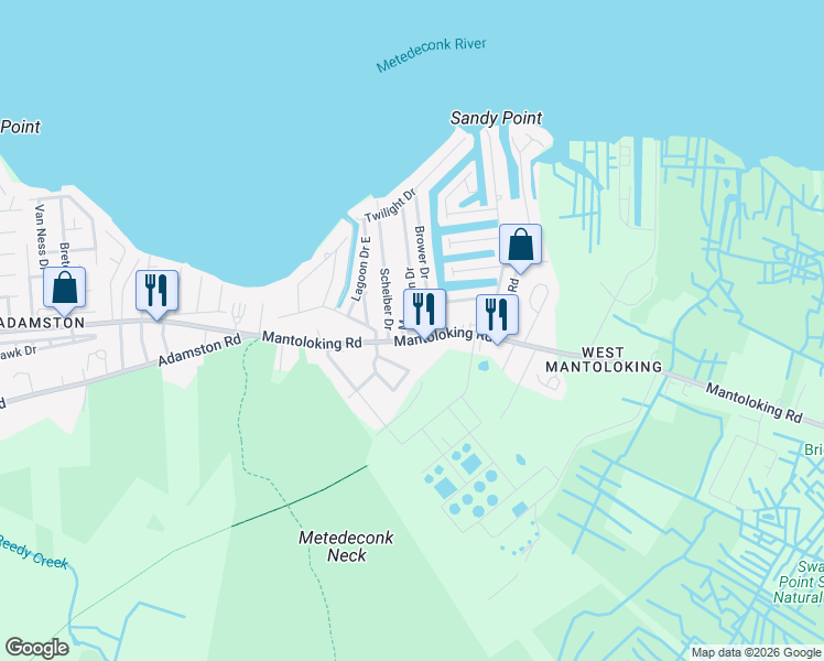 map of restaurants, bars, coffee shops, grocery stores, and more near 34 Mary Ann Drive in Brick Township