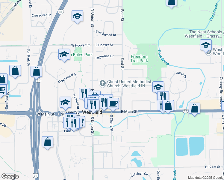map of restaurants, bars, coffee shops, grocery stores, and more near 200 North Street in Westfield