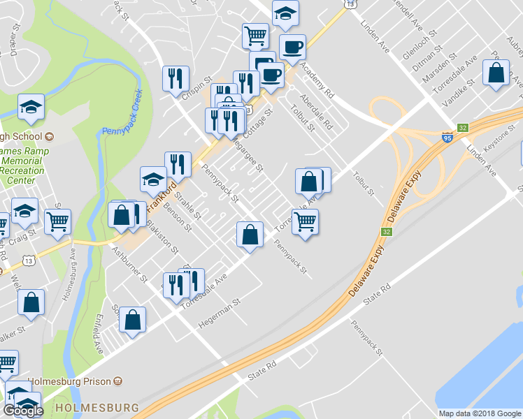 map of restaurants, bars, coffee shops, grocery stores, and more near 8717 Ditman Street in Philadelphia