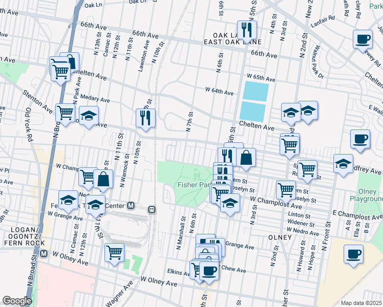 map of restaurants, bars, coffee shops, grocery stores, and more near 6126 North Marshall Street in Philadelphia