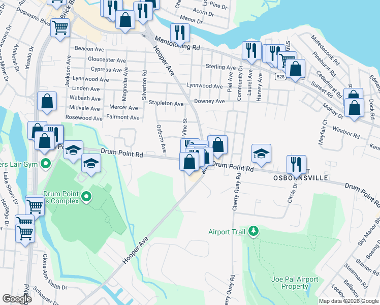 map of restaurants, bars, coffee shops, grocery stores, and more near 144 Drum Point Road in Brick