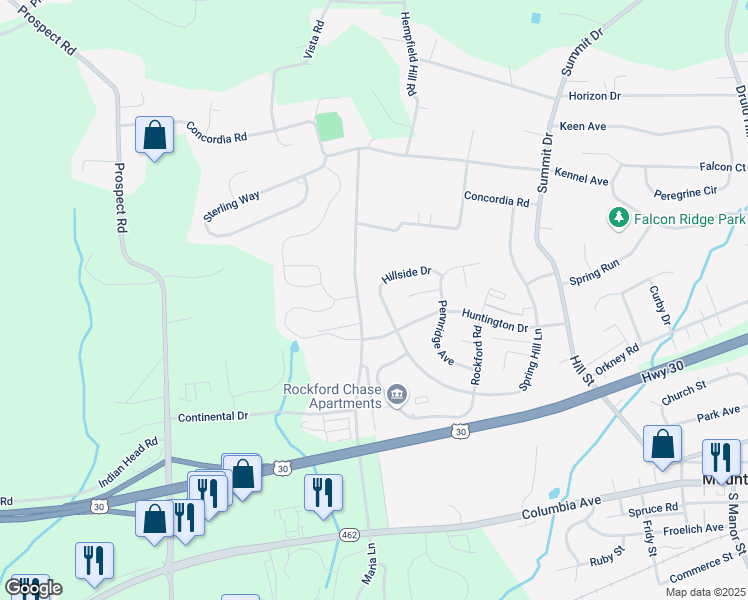 map of restaurants, bars, coffee shops, grocery stores, and more near 479 Hillside Drive in Mountville