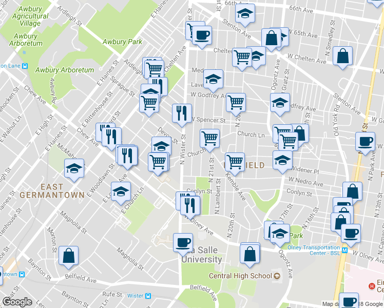 map of restaurants, bars, coffee shops, grocery stores, and more near Church Lane in Philadelphia