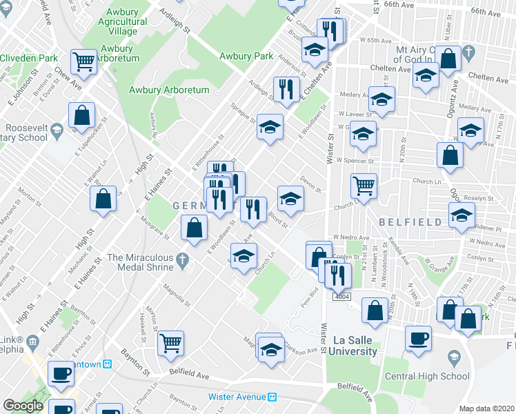 map of restaurants, bars, coffee shops, grocery stores, and more near 5624 Bloyd Street in Philadelphia