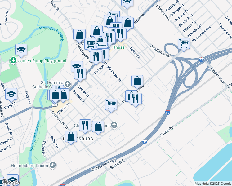 map of restaurants, bars, coffee shops, grocery stores, and more near 8717 Ditman Street in Philadelphia