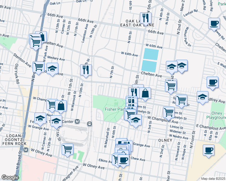 map of restaurants, bars, coffee shops, grocery stores, and more near 6126 North Marshall Street in Philadelphia