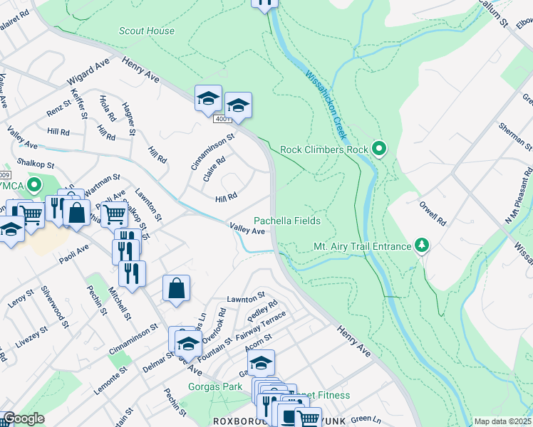 map of restaurants, bars, coffee shops, grocery stores, and more near 6818 Henry Avenue in Philadelphia
