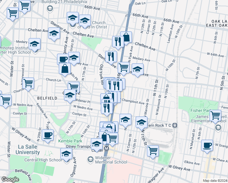 map of restaurants, bars, coffee shops, grocery stores, and more near 6032 North Broad Street in Philadelphia