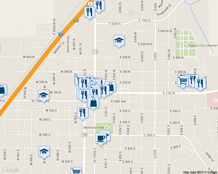map of restaurants, bars, coffee shops, grocery stores, and more near 150 North 100 East in Payson