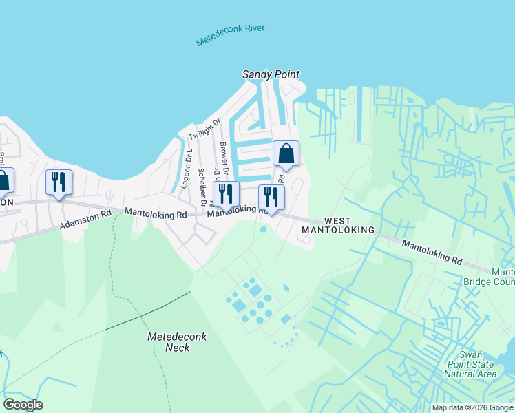 map of restaurants, bars, coffee shops, grocery stores, and more near 246 Mantoloking Road in Brick Township