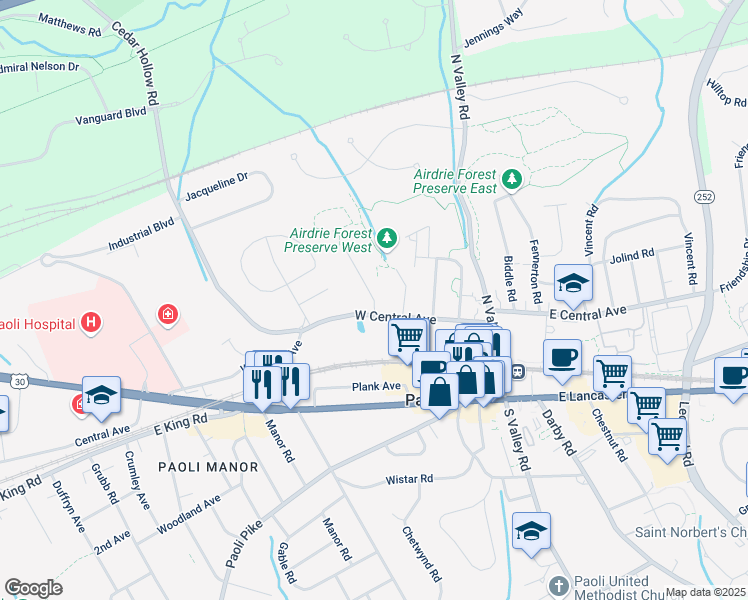 map of restaurants, bars, coffee shops, grocery stores, and more near 8 Summit Avenue in Paoli