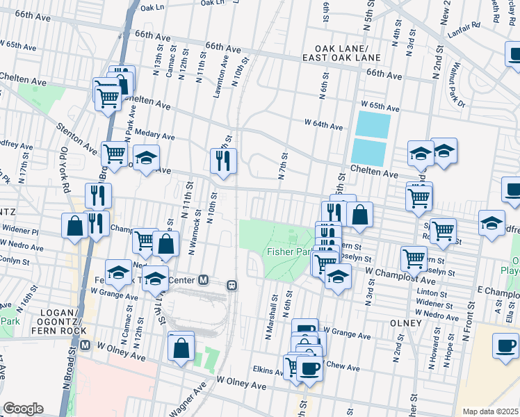 map of restaurants, bars, coffee shops, grocery stores, and more near 6118 N Franklin St in Philadelphia