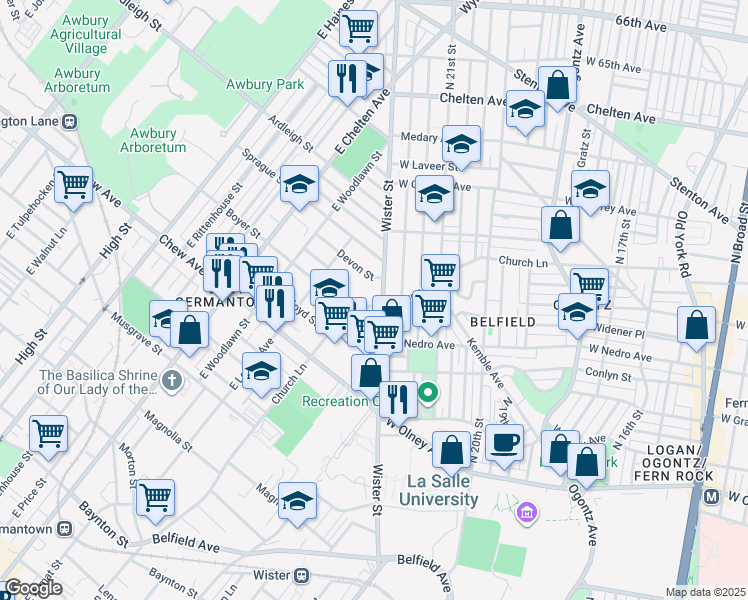 map of restaurants, bars, coffee shops, grocery stores, and more near 917R Church Lane in Philadelphia