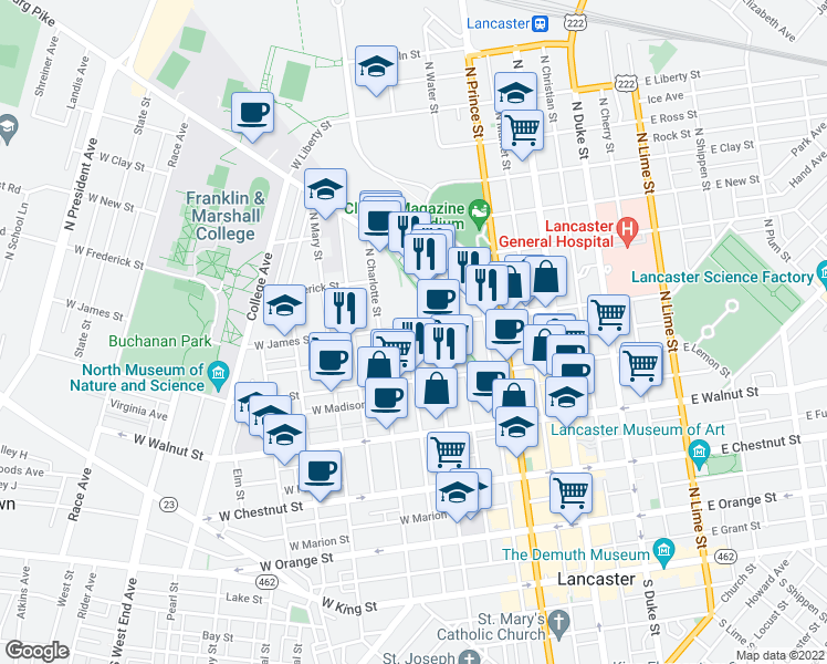map of restaurants, bars, coffee shops, grocery stores, and more near 322 West James Street in Lancaster