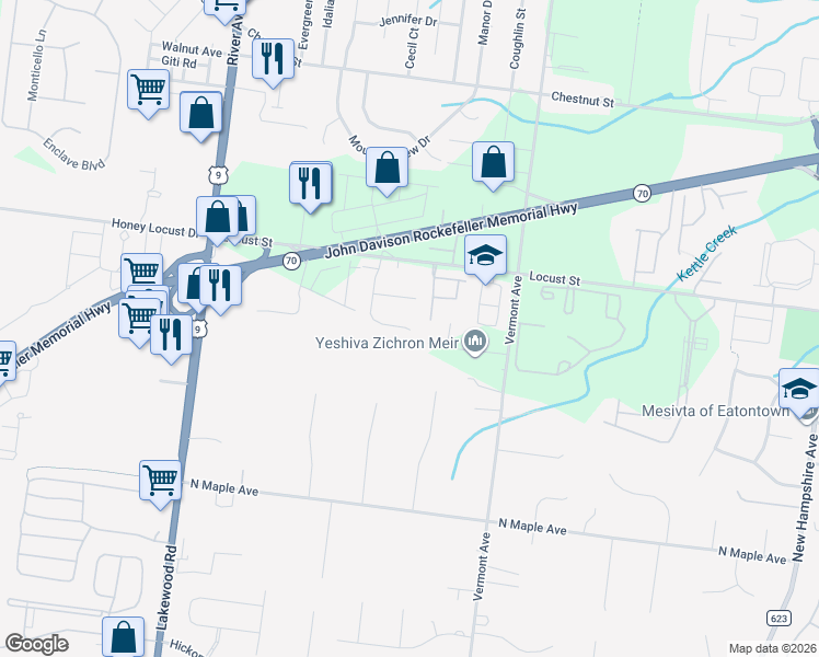 map of restaurants, bars, coffee shops, grocery stores, and more near 73 Hanover Way in Lakewood Township