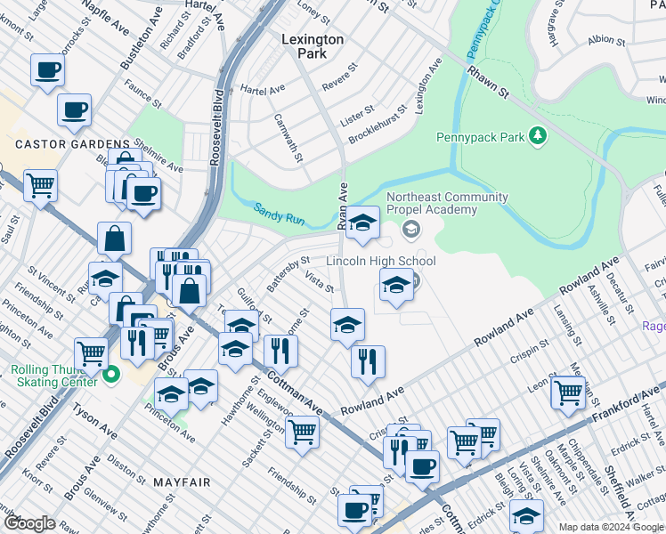 map of restaurants, bars, coffee shops, grocery stores, and more near 3010 Ryan Avenue in Philadelphia