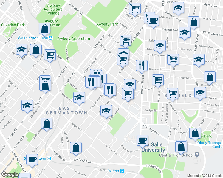 map of restaurants, bars, coffee shops, grocery stores, and more near 5626 Bloyd Street in Philadelphia