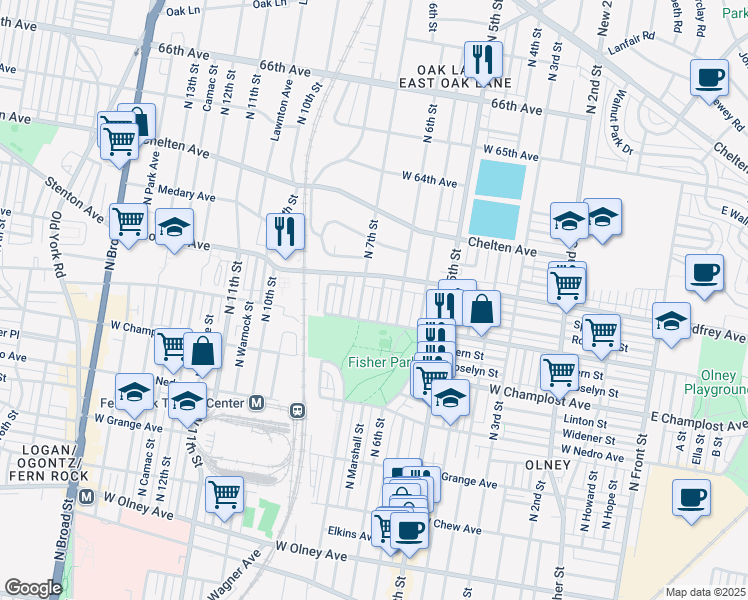 map of restaurants, bars, coffee shops, grocery stores, and more near 6128 North Marshall Street in Philadelphia