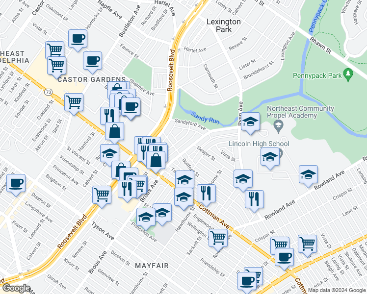 map of restaurants, bars, coffee shops, grocery stores, and more near 7410 Brous Avenue in Philadelphia