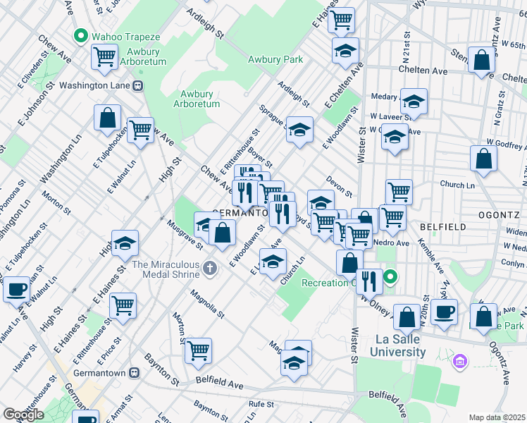 map of restaurants, bars, coffee shops, grocery stores, and more near 5653 Chew Avenue in Philadelphia