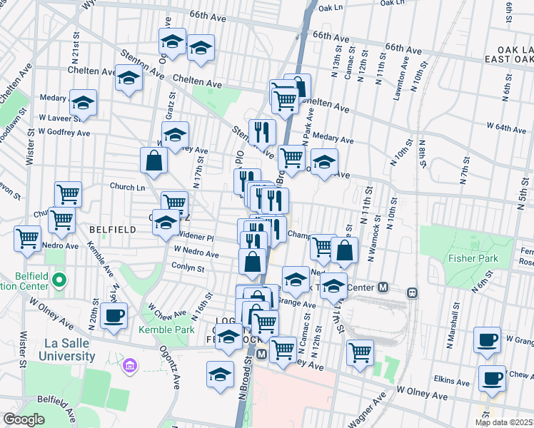 map of restaurants, bars, coffee shops, grocery stores, and more near 6032 North Broad Street in Philadelphia