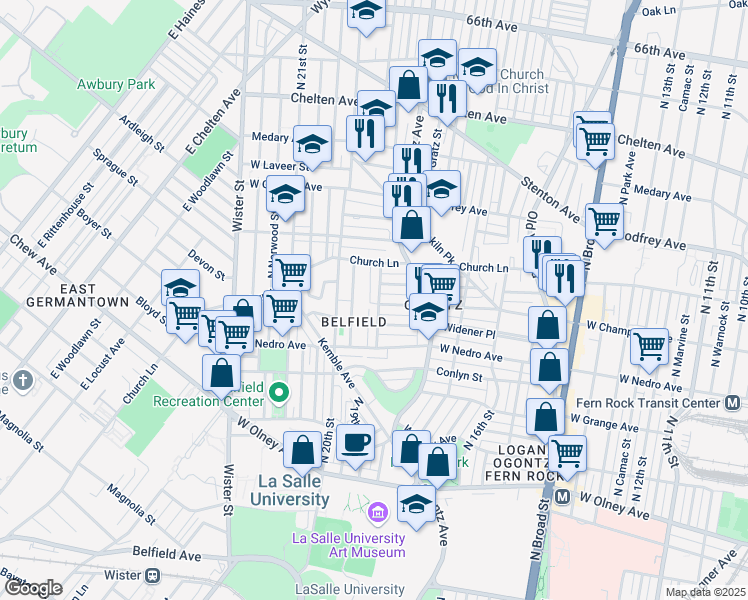 map of restaurants, bars, coffee shops, grocery stores, and more near 1842 Roselyn Street in Philadelphia