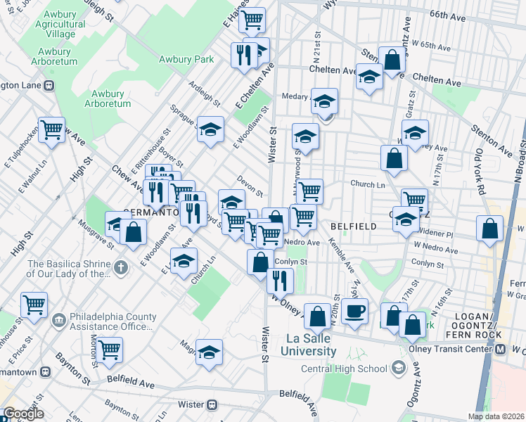 map of restaurants, bars, coffee shops, grocery stores, and more near 917R Church Lane in Philadelphia