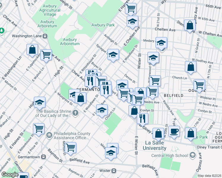 map of restaurants, bars, coffee shops, grocery stores, and more near 845 East Locust Avenue in Philadelphia