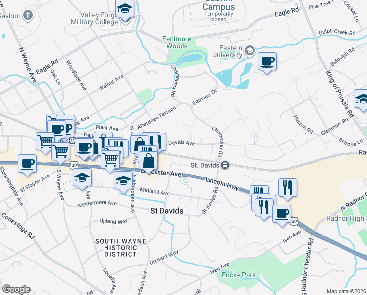 map of restaurants, bars, coffee shops, grocery stores, and more near 466 Saint Davids Avenue in Saint Davids