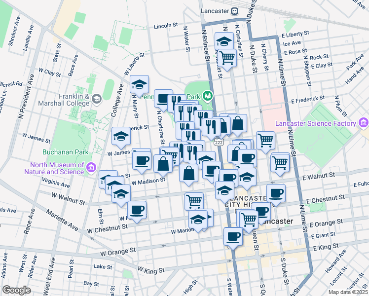 map of restaurants, bars, coffee shops, grocery stores, and more near 315 West James Street in Lancaster