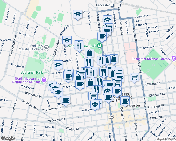 map of restaurants, bars, coffee shops, grocery stores, and more near 315 West James Street in Lancaster