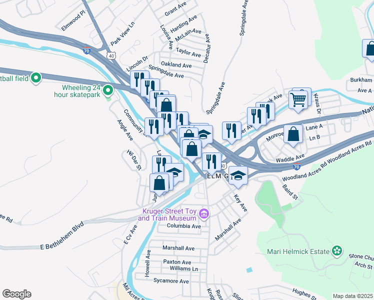 map of restaurants, bars, coffee shops, grocery stores, and more near 2167 National Road in Wheeling