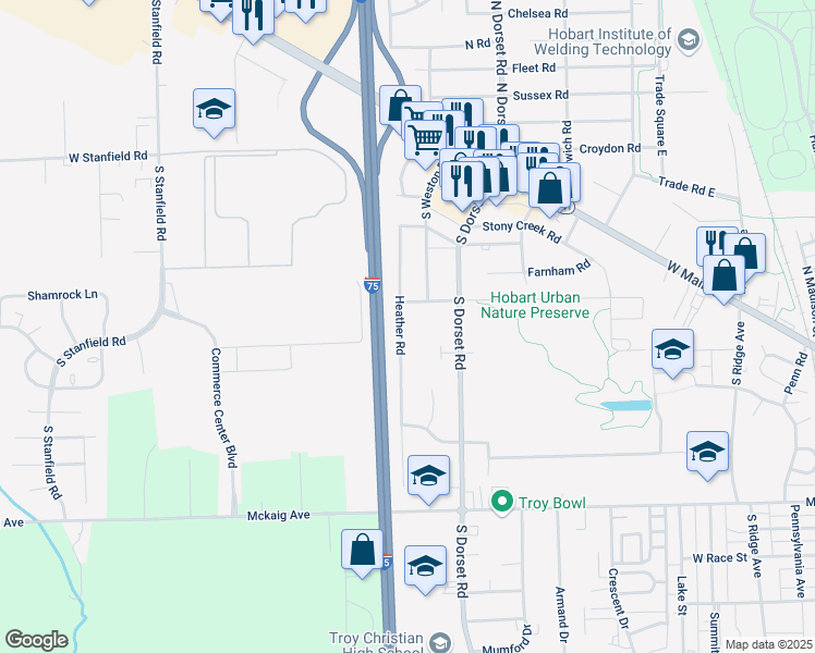 map of restaurants, bars, coffee shops, grocery stores, and more near 73b Heather Road in Troy