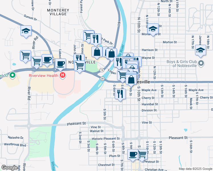 map of restaurants, bars, coffee shops, grocery stores, and more near 432 Maple Avenue in Noblesville