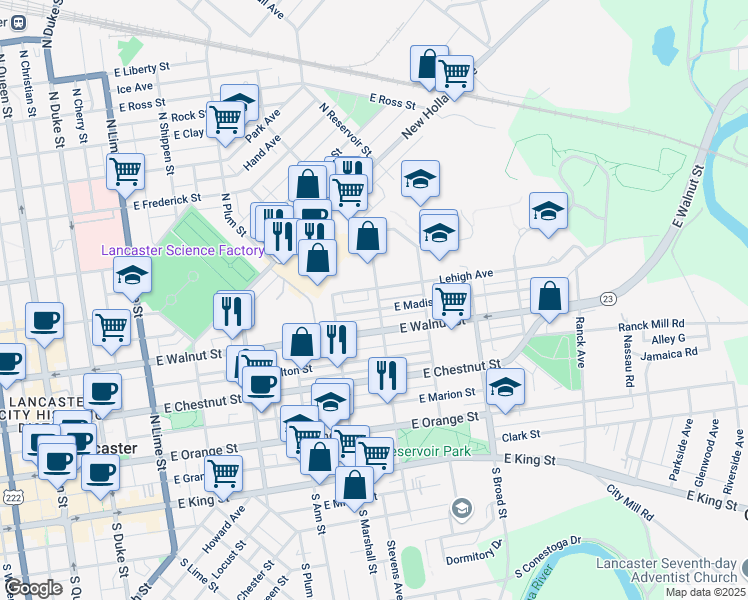 map of restaurants, bars, coffee shops, grocery stores, and more near 336 North Franklin Street in Lancaster