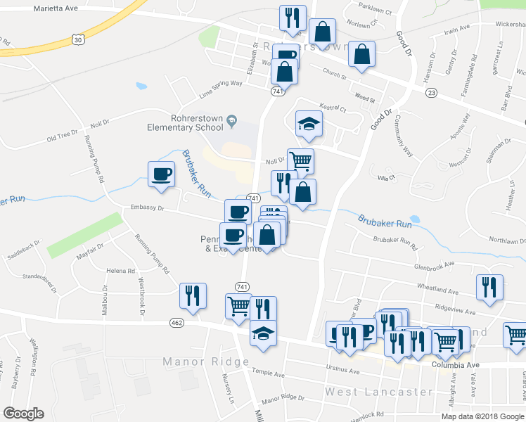 map of restaurants, bars, coffee shops, grocery stores, and more near 221 Rohrerstown Road in Lancaster