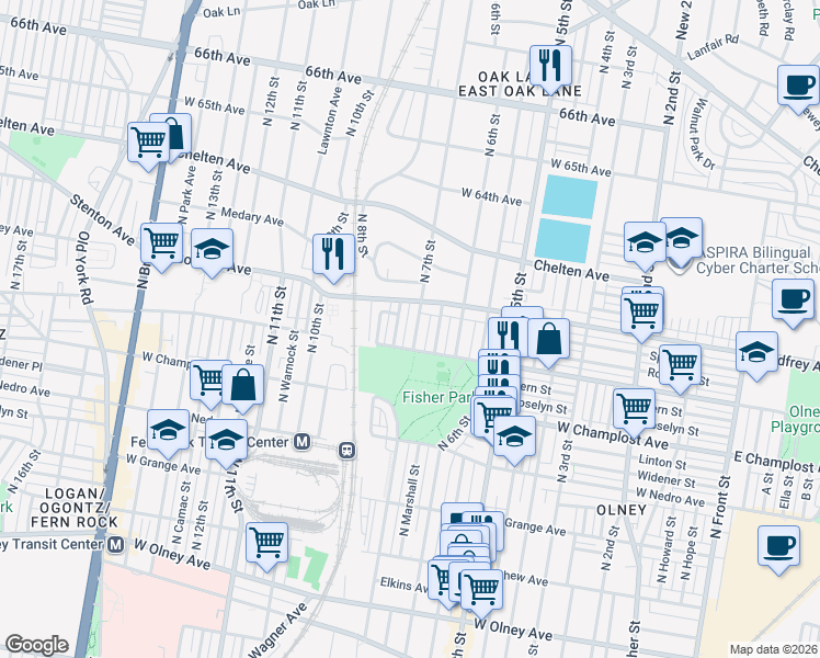 map of restaurants, bars, coffee shops, grocery stores, and more near 6139 North 7th Street in Philadelphia