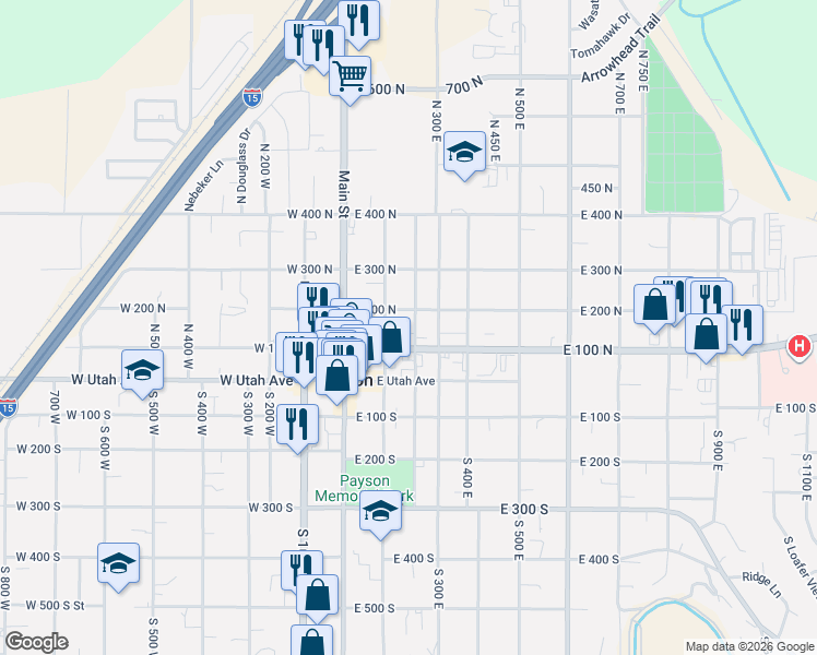 map of restaurants, bars, coffee shops, grocery stores, and more near 129 North 200 East in Payson