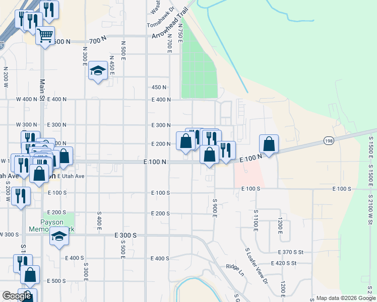 map of restaurants, bars, coffee shops, grocery stores, and more near 123 North 800 East Street in Payson