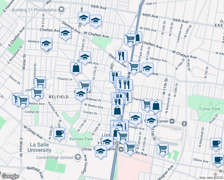 map of restaurants, bars, coffee shops, grocery stores, and more near 6050 Old York Road in Philadelphia