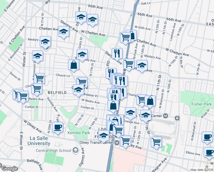 map of restaurants, bars, coffee shops, grocery stores, and more near 6050 Old York Road in Philadelphia