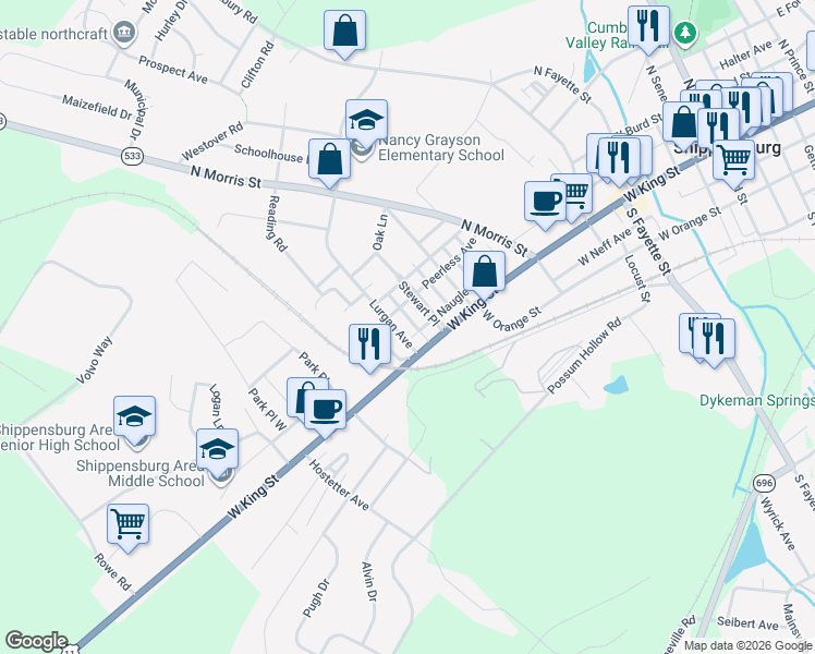 map of restaurants, bars, coffee shops, grocery stores, and more near 35 Lurgan Avenue in Shippensburg