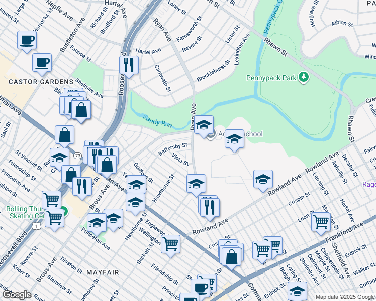map of restaurants, bars, coffee shops, grocery stores, and more near 3010 Ryan Avenue in Philadelphia