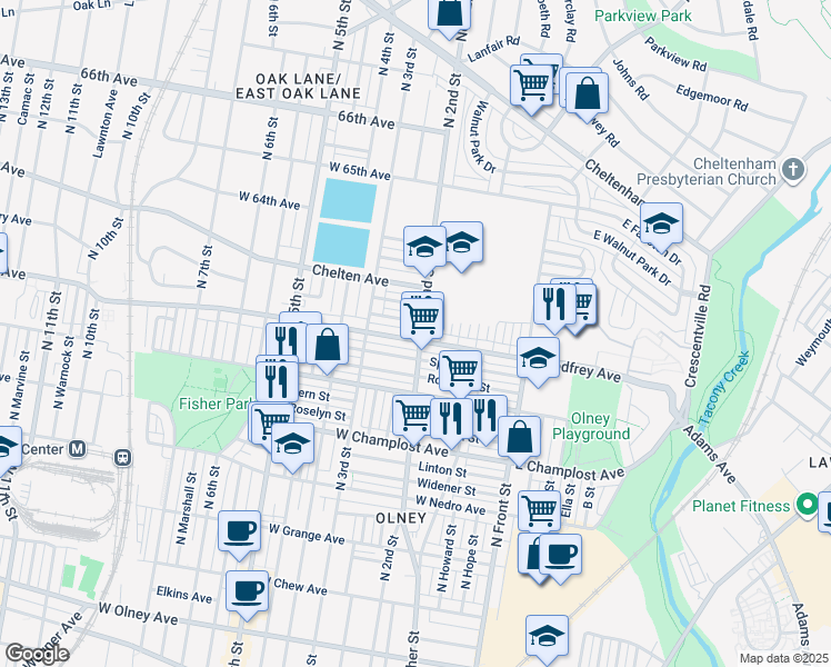 map of restaurants, bars, coffee shops, grocery stores, and more near 201 West Godfrey Avenue in Philadelphia