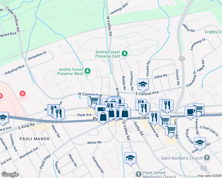 map of restaurants, bars, coffee shops, grocery stores, and more near 11 Woodbine Avenue in Paoli