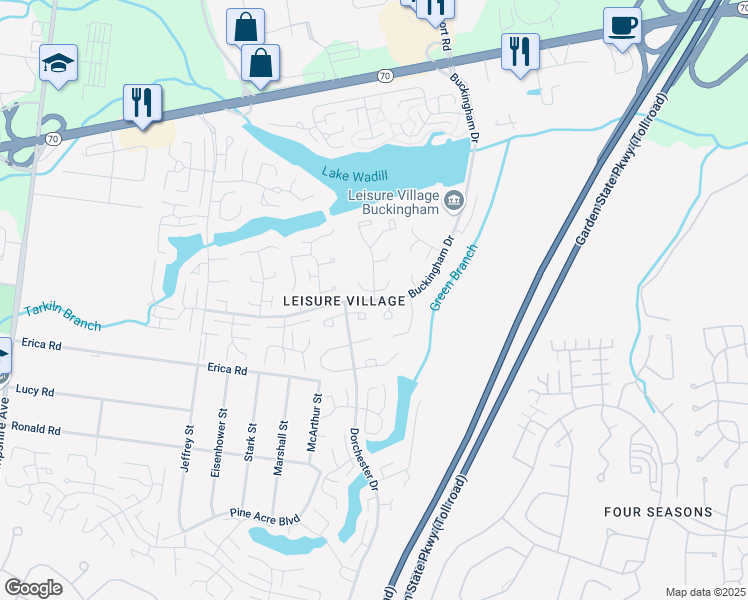 map of restaurants, bars, coffee shops, grocery stores, and more near Buckingham Drive & Cambridge Court in Lakewood Township