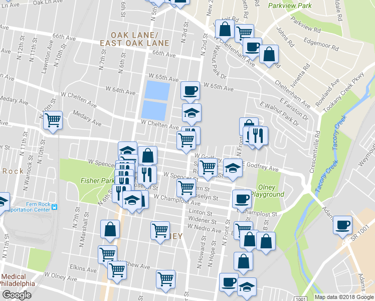 map of restaurants, bars, coffee shops, grocery stores, and more near 201 West Godfrey Avenue in Philadelphia