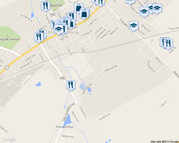 map of restaurants, bars, coffee shops, grocery stores, and more near 408 South Penn Street in Shippensburg