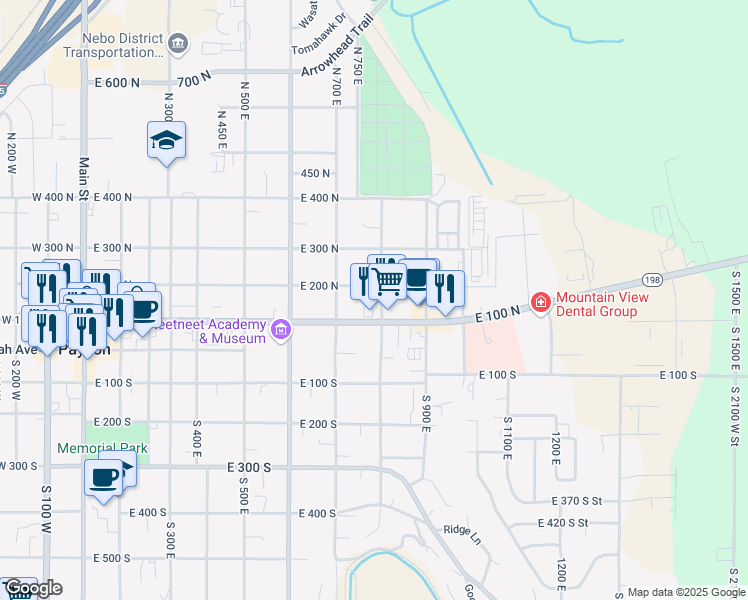 map of restaurants, bars, coffee shops, grocery stores, and more near 123 North 800 East Street in Payson
