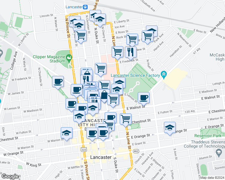 map of restaurants, bars, coffee shops, grocery stores, and more near 413 North Cherry Street in Lancaster